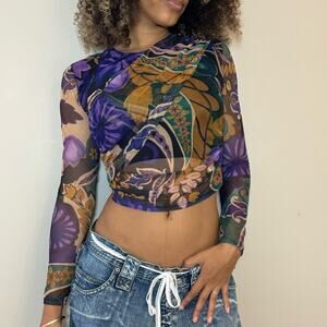 Vintage Italian multi floral mesh long sleeves (S) cropped